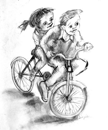 Pencil sketch two riding Tandem Bicycle