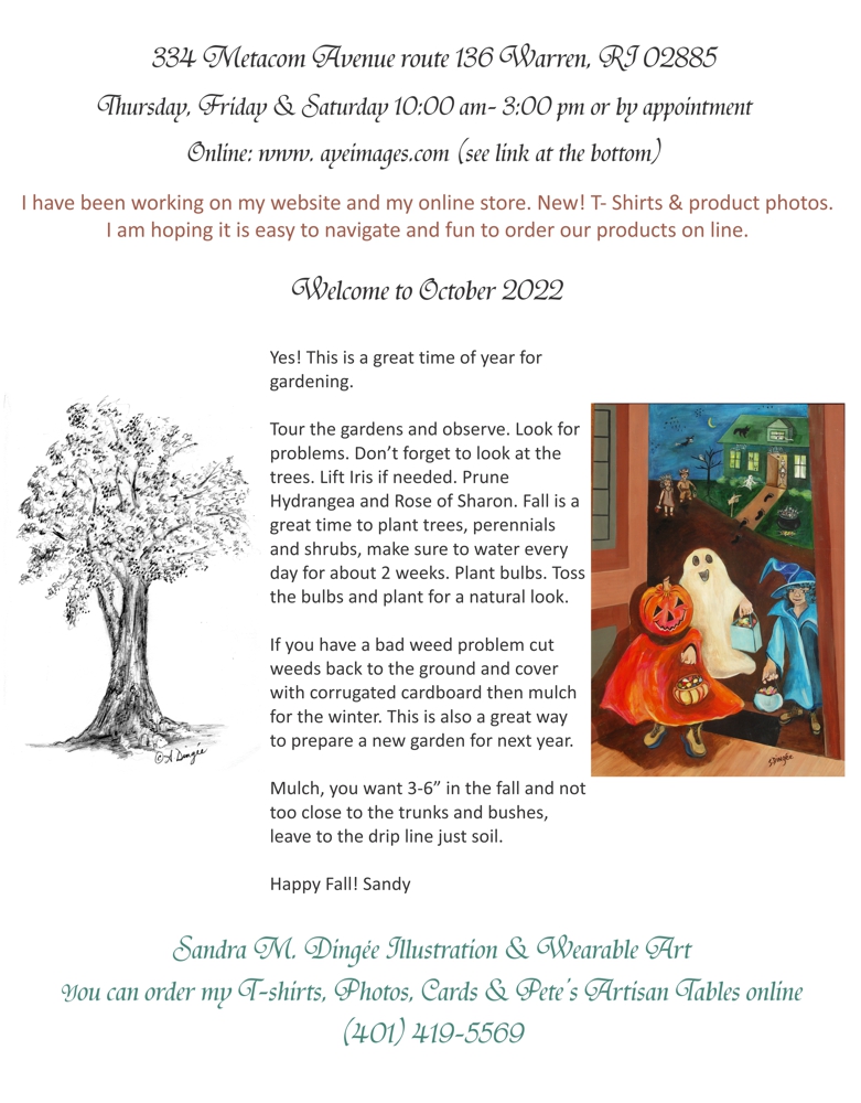 October 2022 newsletter Halloween painting and Mahogany tree sketch