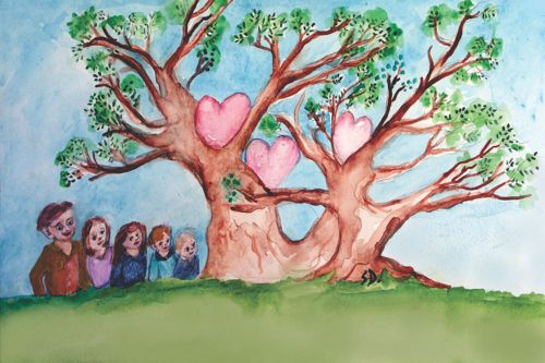 The Family Loves this old oak. Image of family under the tree with hearts in the Oak.