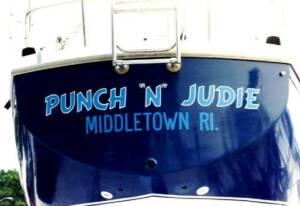 Punch N Judy boat Lettering Light blue on dark blue